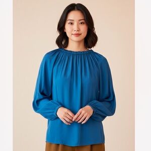 NWOT FLATTERING TIBI GEORGETTE ROYAL BLUE BLOUSE ADJUSTABLE NECK‎ W/ RUCHING